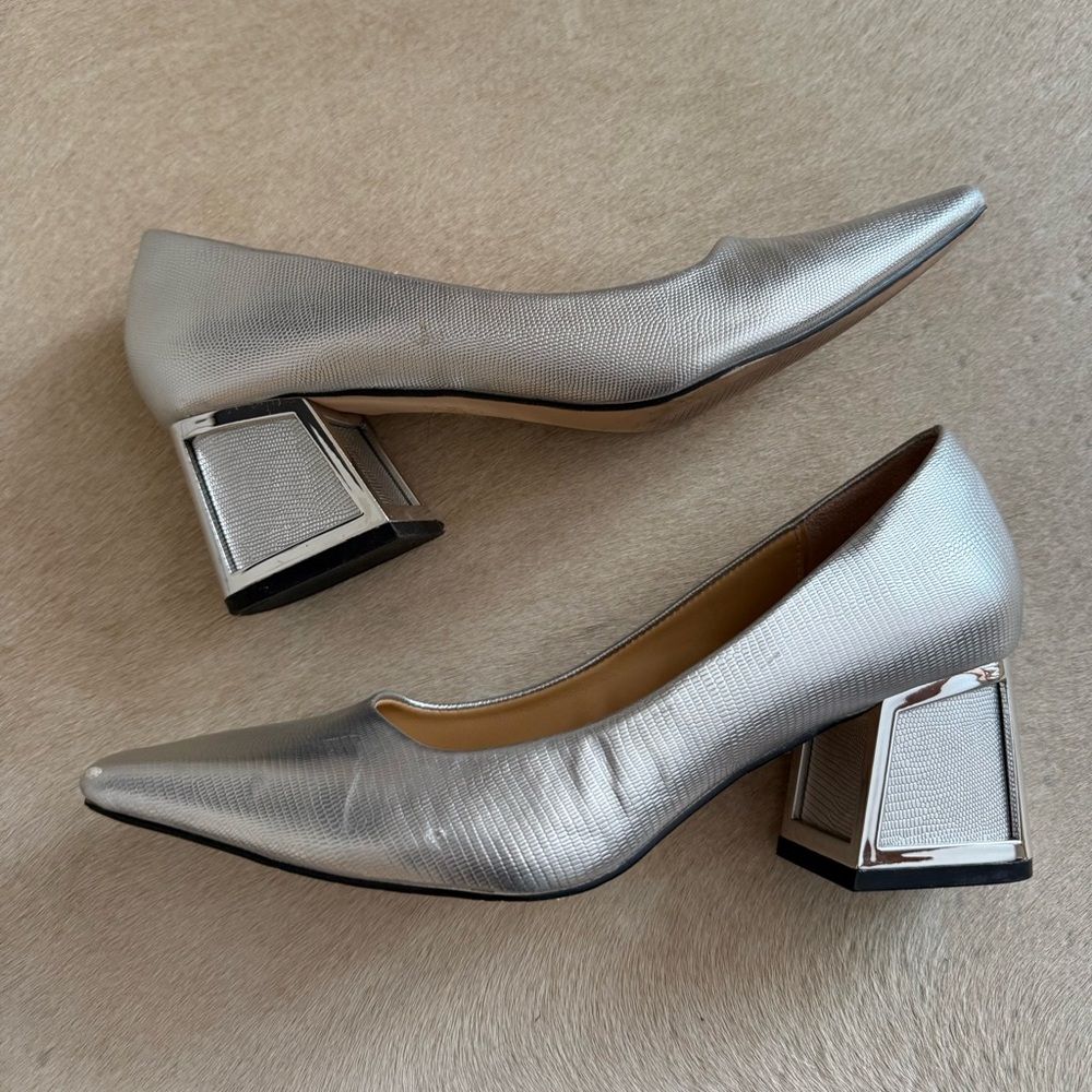 Ninety Union Silver Block Heel Pumps cool metal trim